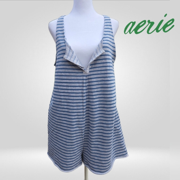 Aerie Striped Romper Playsuit Grey Blue Racerback Size Large - Picture 1 of 16